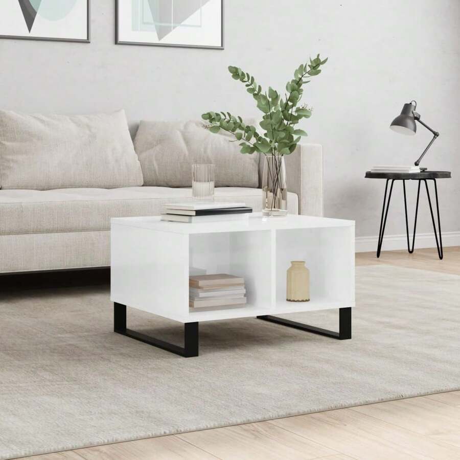 vidaXL Table basse Blanc brillant 60x50x36,5 cm Bois d'ingénierie - Blanc - Voir 1