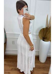 Women's Knit Set: Cropped Top SOFIA White, Long Lace Skirt, Women's Dress - Chic Summer Look - 白色 - 查看 3