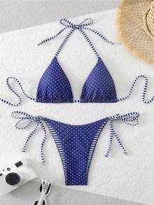 Bộ bikini đi biển mùa hè, họa tiết chấm bi phối màu tương phản, kiểu dáng hở lưng, buộc dây. - Màu xanh lam - Xem 2