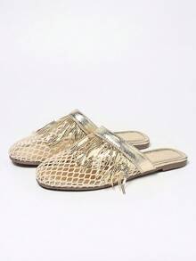 Sandal đế bằng kiểu Bohemian phối lưới vàng, tua rua, thoáng khí, mũi tròn, đa năng, thoải mái, thích hợp đi làm hàng ngày, đi biển, nghỉ dưỡng, mùa xuân hè cho nữ. - Vàng - Xem 5