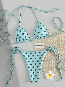 2 piezas/Set Nuevo Año, Día de San Valentín Disfraces, Mujeres Sexy Casual Lindo Traje de Baño Bikini de Lunares Azul Verdoso con Tiras Laterales, Estilo Europeo y Americano, Prenda Inferior de Estilo con Lazos Laterales, Vacaciones Playa y Piscina, Conjunto de Bikini para Fiesta en la Playa, Atuendo de Playa de Verano, Traje de Baño de Aguas Termales de Invierno. - Multicolor - Ver 7