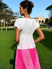 Women's Smocked Short Sleeve Lace Trim Blouse V Neck Ruffle Hem Peplum Shirt Tops - White - View 2