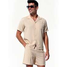 2 piezas Conjunto de camisa de Verano para hombre, Estilo caballero vintage casual, cómodo y versátil - Caqui - Ver 3