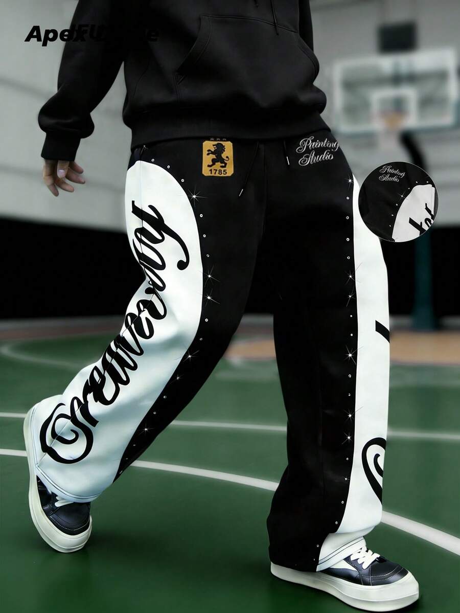 High Street Black & White Contrast Rhinestone Letter Sweatpants, Loose Fit Wide Leg Pants, American Street Hip Hop Casual Sports Trousers - Black - View 1