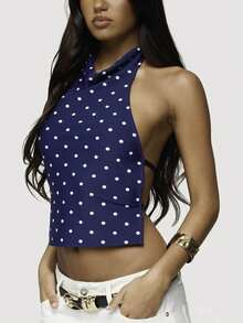 Women Y2k Polka Dots Halter Tank Crop Tops Cute High Mock Neck Backless Cami Open Back Camisole Slik Sleeveless Backless Vests Summer Going Out Tops For Daily Life Bar Party Beach Vests Rave Outfit Concert Outfit Valentines Clothes  Beach Vacation Outfits - 藍色 - 查看 3