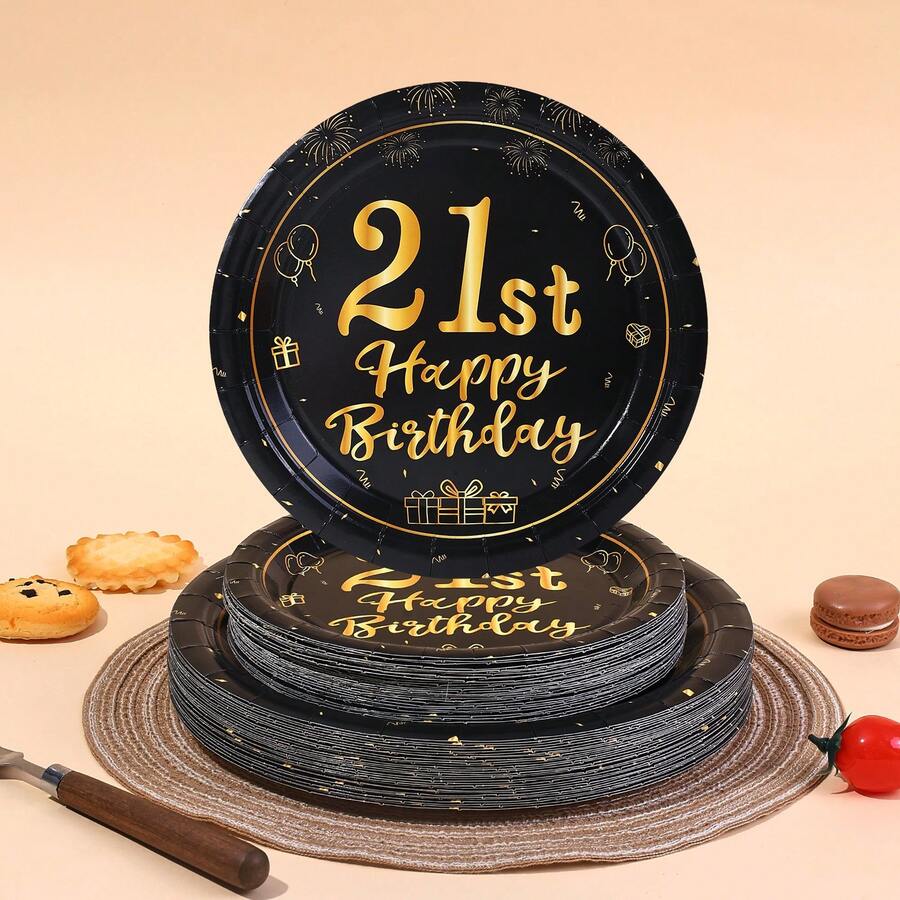 10pcs/20pcs/40pcs/50pcs 21st Birthday Decorations Unisex, 21st Happy Birthday Black Gold 7" And 9" Paper Plates Tableware Suitable For 21st Birthday Party For Women And Men, 21st Birthday Dessert Plate 21 Years Retro Style 21st Birthday Decor - Multicolor - View 1