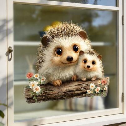 1/3pcs Woodland Animal Window Clings Cute Raccoon Peeking And Hedgehog On Log Pattern Static Sticker No Glue Removable For Home Living Room Glass Decor Nature Theme Props