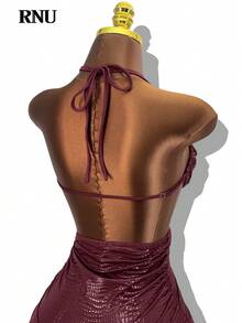 RNU 女士酒红色露背蝴蝶结性感露背优雅深V领修身鳄鱼纹连衣裙，适合约会、夜店、街头、情人节、狂欢节、新年、生日、春夏等场合。 - 酒紅色 - 查看 10