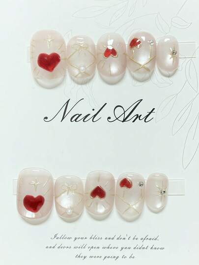 1 Piece Of Handmade Press-On Nail Art, Y2K Style, Cute And Simple Design, Cat Eye Nails, Heart Pattern, Adorable Nails, Fake Nails, Valentine's Day Nail Art, High-End Quality, Reusable, Suitable For Women And Girls To Wear Daily Or On Holidays, And Can Also Be Given As A Gift.