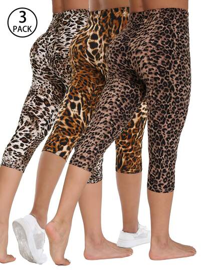 3 Packs Women's Casual Leopard Print Leggings, Suitable For Sportswear, Fitness, Outdoor, Everyday Wear, Home Exercise, Squats, Pushups, Running, Yoga, Capri Length Summer