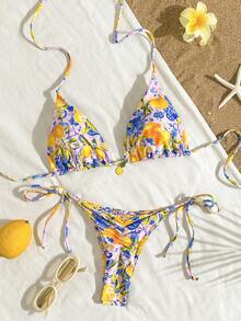 Bộ bikini gợi cảm buộc dây cổ, in hình chanh, dành cho nữ, thích hợp mặc đi biển mùa hè. - Màu Hồng baby - Xem 2