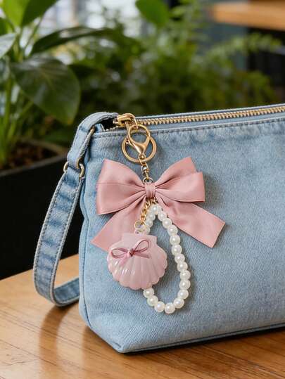 Rosa satinrosett pärlskal väska berlock nyckelring med mini förvaringsfodral, söt flickvänlig handväska hängande ornament, DIY highlighter & puder rouge läppstift & monokrom ögonskuggspalett, mångsidig som väska berlock, nyckelringstillbehör, lämplig för kvinnor, tonårsflickor, strandälskare, presentgivare, strandresor, tillfälliga sammankomster, presentbyten (födelsedagar/årsdagar), mini förvaringsfodral för snygg inredning