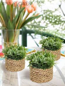 3pcs/Set Artificial Rattan Potted Plants, Seagrass Rope, 3 Identical Green Plants, Made Of PE And Polyester Fiber, Desktop Decor For School, Dorm, Office, Home, Back To School, Valentine's Day, Easter, Spring/Summer - Green - View 12