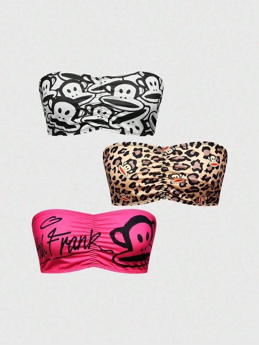 Paul X ROMWE 3pcs/Set Cartoon Pattern & Leopard Print Crop Tube Top Bra Set - 軍綠色 - 查看 1