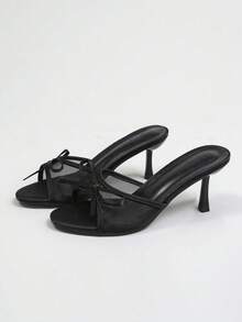 女士网眼透气露趾高跟凉鞋，百搭简约蝴蝶结细高跟拖鞋，夏季新款