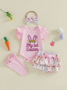 Conjunto de primavera y verano para bebé niña de Pascua, mono de manga corta con letras, pantalones cortos de zanahoria/conejito, calcetines con lazo, ropa bonita para festivales, ideal para 0 a 18 meses. - Rosa - Ver 6