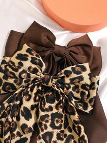 2个缎面纯色和豹纹蝴蝶结弹力发夹，休闲波西米亚宫廷风派对可爱街头优雅风，涤纶材质，四季皆宜 - 咖啡棕 - 查看 4