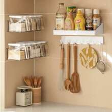 1pc White Plastic Multi-Hook Kitchen Wall Mount Organizer Rack, No Drilling Required - White - View 2