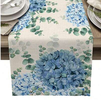 Reusable Blue Hydrangea Eucalyptus Linen Table Runner, Holiday Party Decor For Farmhouse, Kitchen, Dining Room, Wedding