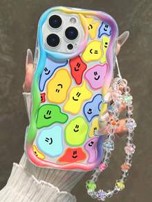 1pc Smiling Face Printed Cream Wavy Edge Bracelet Strap Shockproof Thick Phone Protective Case, Compatible With IPhone 17/17 Pro/17 Pro Max, 16 XR/7/8, 15 Pro Max, 13 Pro Max, 14 Pro Max, 13, 14, 11, 12 Pro Max, P14, P11, P12, XS, XR, 7/8 Plus, Compatible With Redmi 10, Compatible With Redmi Note 11 4G, Compatible With Redmi 11 Lite, A53, A14, A23, S23 Ultra, S24, A14, A15, S23, A73, A55, A54,International Version, Not The Domestic Version - Multicolor - View 2