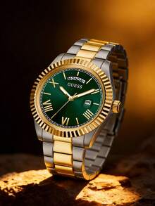Guess GW0265G8 Classic Elegant Men's Quartz Analog Wrist Watch With Date/Day Display, Green Round Dial, Silver-Gold Stainless Steel Strap, Suitable For Daily Business Wear, Also An Ideal Gift For Men - Green - View 4
