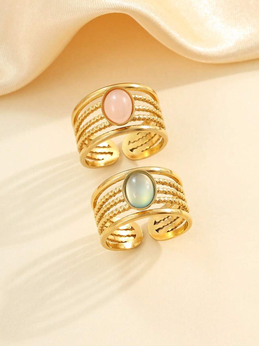 1pc,2pcs Stainless Steel Fashion Retro Style Women's Pink And Blue Cat's Eye Gemstone Open Ring Set, Suitable For Women's Daily Wear Or Gift Giving - Yellow Gold - View 1