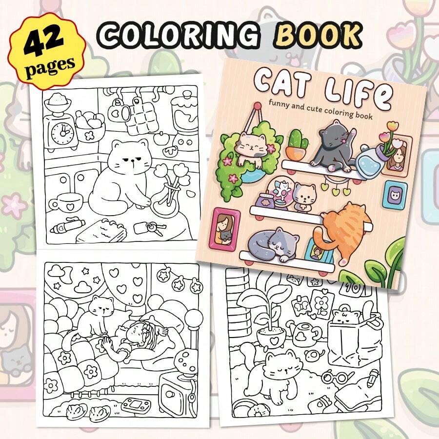 40 Páginas - 210g, Livro de Colorir Prateleiras de Gatinhos Fofos, Livro de Colorir em Papel de Pele Macia, Estilo Animado e Curativo, Padrões de Cena de Prateleiras de Gatinhos, Esquema de Cores Cinza e Laranja, Inclui Detalhes de Gato em Cesta Suspensa, Colorir para Alívio do Estresse, Adequado para Papelaria, Suprimentos Escolares, Presente Ideal para Meninas, Dia dos Namorados, Ano Novo - VIDA DE GATO - Visão 1