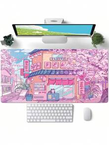Extra Smooth Anime Desk Mat - Cute Anime Desk Pad - Large Size Gaming/Streaming Desk Mat, Featuring Adorable Cat Cafe And Pink Sakura Flower Pattern, Non-Slip Rubber Base, Suitable For Computer, Laptop, Keyboard And Mouse - Perfect Choice For Anime Fans And Home Office Decor. Office Desk Accessories Desk Accessories Office Supplies - Cute Cat Cafe and Pink Cherry Blossoms - View 1