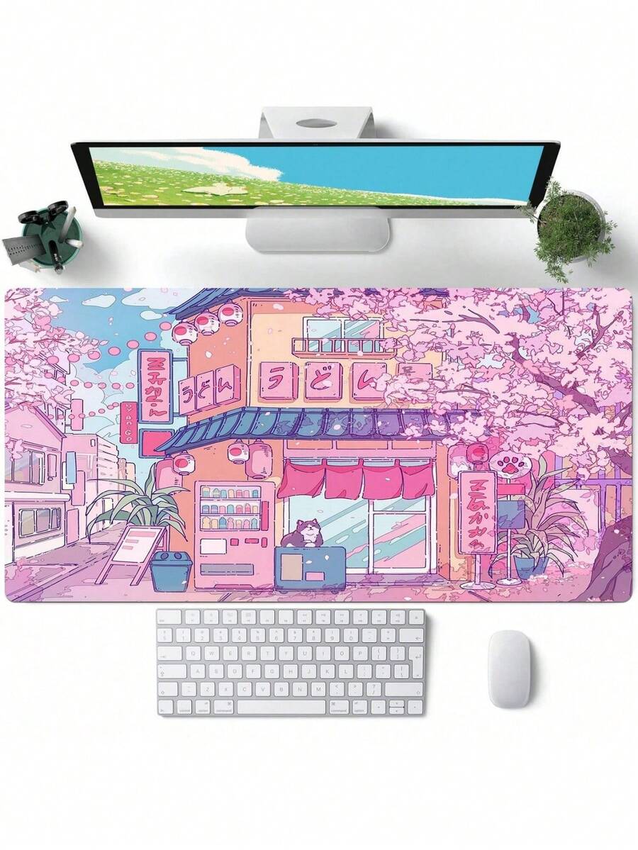 Extra Smooth Anime Desk Mat - Cute Anime Desk Pad - Large Size Gaming/Streaming Desk Mat, Featuring Adorable Cat Cafe And Pink Sakura Flower Pattern, Non-Slip Rubber Base, Suitable For Computer, Laptop, Keyboard And Mouse - Perfect Choice For Anime Fans And Home Office Decor. Office Desk Accessories Desk Accessories Office Supplies - Cute Cat Cafe and Pink Cherry Blossoms - View 1