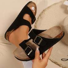Women Comfort Straps Adjustable Buckle Cork Footbed Slides Flats Sandals Shoes Summer Outdoor Walking Travel - 黑色 - 查看 1