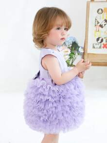 Baby Girls' Elegant Party Dress With Bow, Tulle, Light Purple, Princess Cake Dress, Baby's 1st Birthday Party, Wedding, Ceremony, Holiday Celebration - Purple - View 6