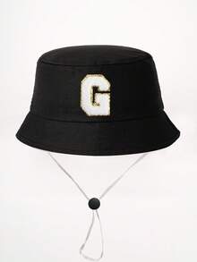 1顶26字母印花儿童渔夫帽+可拆卸防风绳，可调节户外遮阳帽，适合男孩女孩，春秋季旅行、海滩、度假 - 黑色 - 查看 31