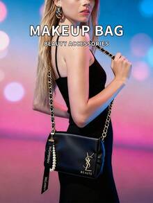 Women's Faux Pearl Pendant Shoulder Bag, Black Chain Shoulder Bag, Square Bag - Black - View 6