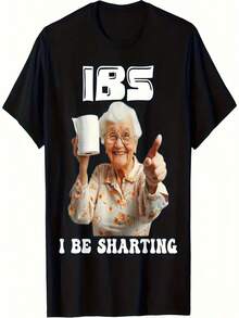 Funny IBS Graphic Tee For Men Plus Size - Features An Elderly Woman With White Hair Pointing At You While Holding Toilet Paper With "I BE SHARTING" Text, Casual Crew Neck Design, Perfect For Humor Lovers, Great Gift Idea - 黑色 - 查看 1