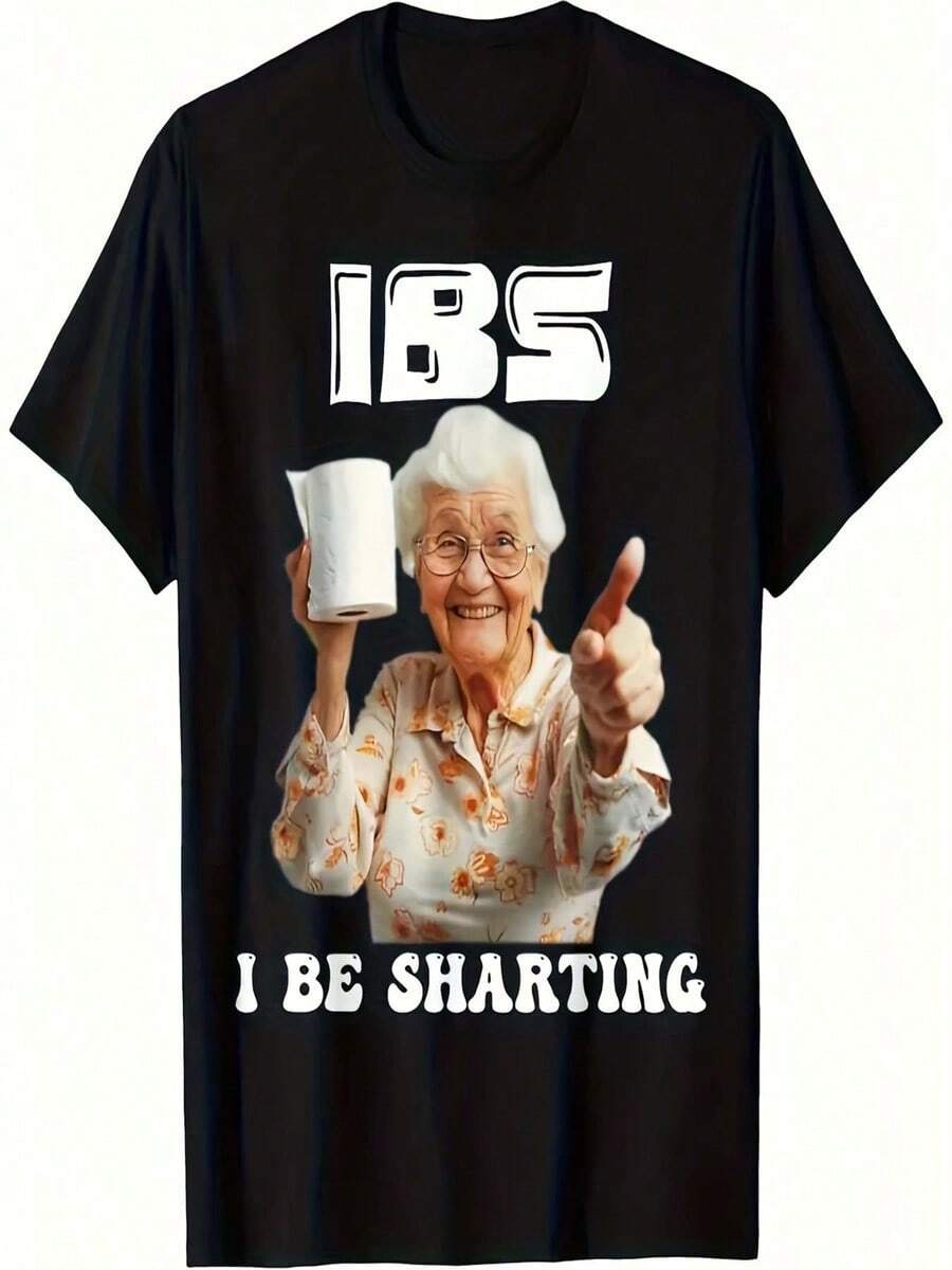 Funny IBS Graphic Tee For Men Plus Size - Features An Elderly Woman With White Hair Pointing At You While Holding Toilet Paper With "I BE SHARTING" Text, Casual Crew Neck Design, Perfect For Humor Lovers, Great Gift Idea - 黑色 - 查看 1