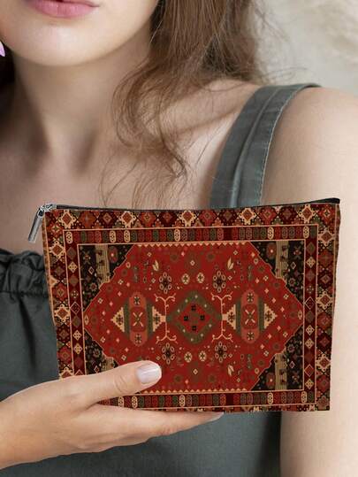 1件装节日波西米亚复古地毯图案双面印花化妆包随身携带收纳袋涤纶无香多功能轻便耐用可重复使用可折叠拉链封口旅行户外日常必备收纳包送给家人和朋友的完美礼物