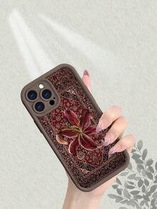 Vintage Floral Pattern Phone Case With Persian Rug Inspired Design, Retro Lily Flower Print, Thickened Shockproof Protection, Matte Finish, Multi - Color Options, Compatible With IPhone 17/16/15/14/13/12/11/7/X - Coffee Brown - View 3