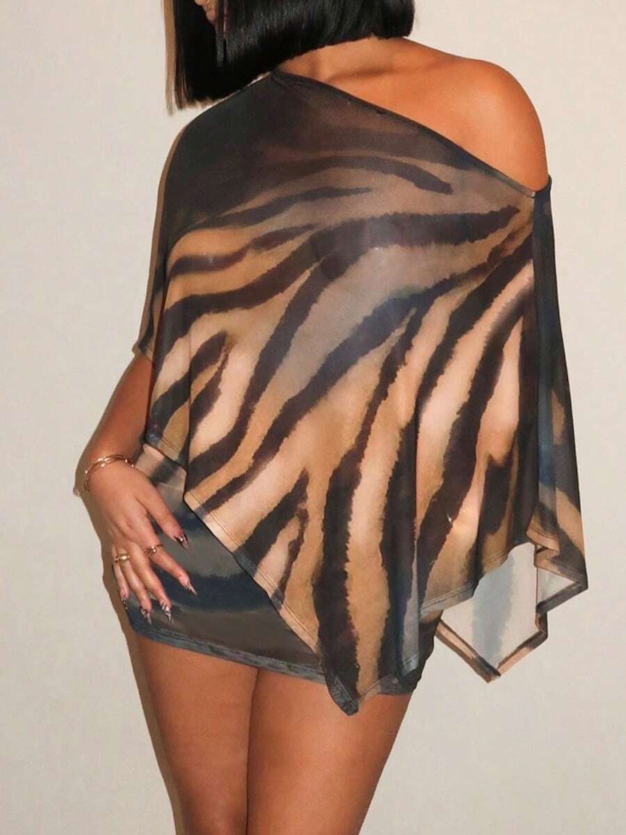 优雅性感女士透视不对称领口虎纹两件套套装，中等弹力，休闲派对度假春季装扮