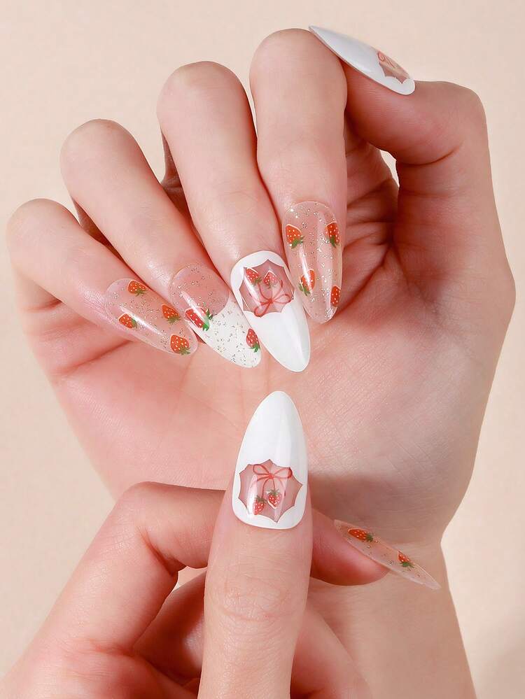 [UV Free] Retro Sweet Cherry Strawberry Plaid Design Gel Nail Stickers, 22pcs, High Gloss, Long-Lasting, Low Allergy, No UV Lamp Needed, Fashion Nail Art Supplies For Women & Girls, Daily, Outdoor, Picnic, Gathering, DIY, Gift For Her - Red and White - View 8