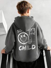 1pc Tween Boy Casual Printed Pullover Sweatshirt, Thermal Lined, Long Sleeve, Autumn/Winter - Dark Grey - View 7