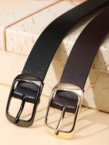 2条装黑色金扣高品质仿皮可调节腰带，纯色光滑优质PU腰带，适合搭配牛仔裤、休闲裤、连衣裙和日常服装。 - 多色方扣 - 查看 2