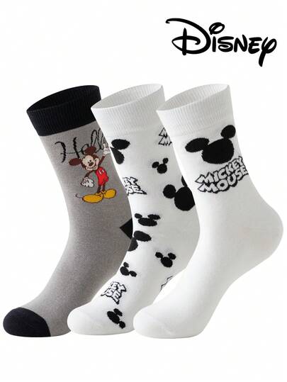 Disney 3双装正品迪士尼男士袜子，绣有可爱的米奇一家卡通人物图案，中筒袜，趣味十足，适合各种场合，高品质礼品袜