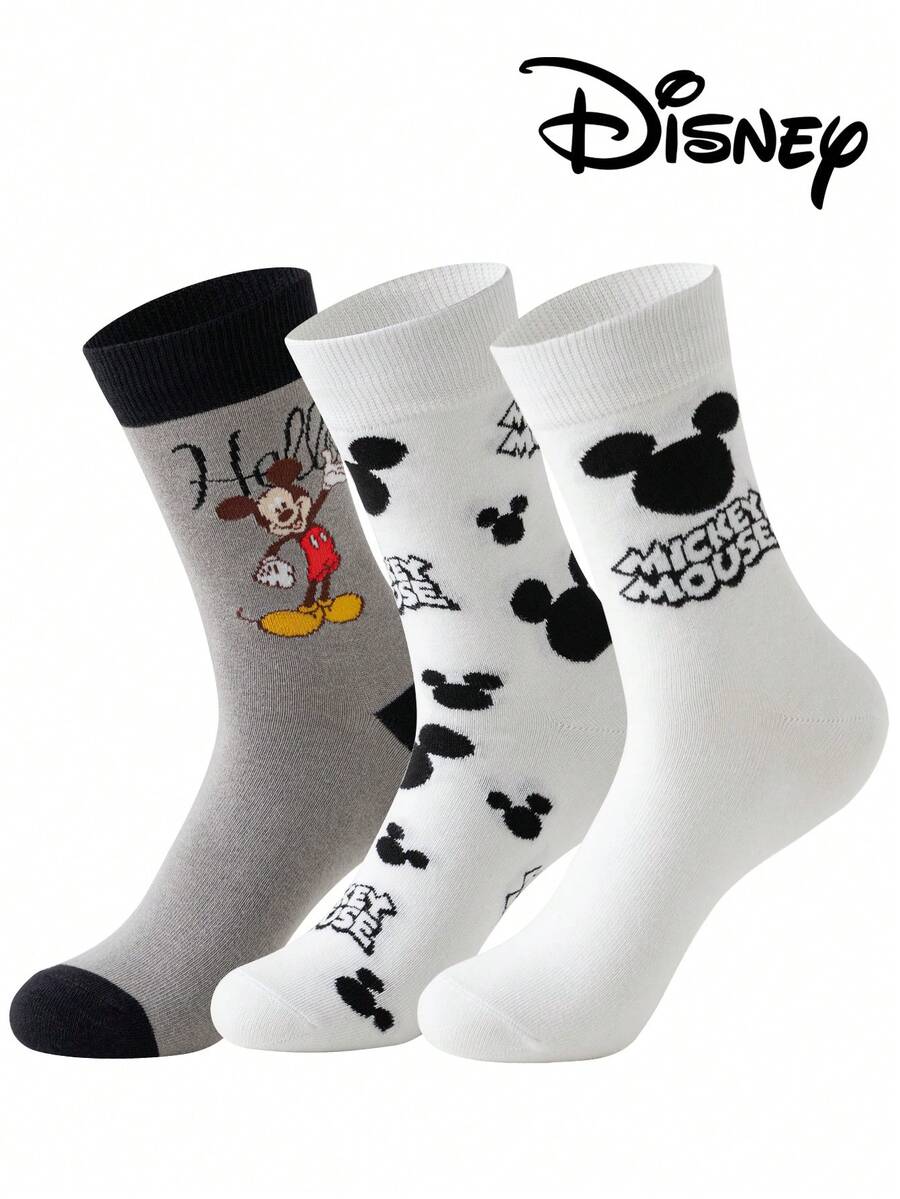 Disney 3双装正品迪士尼男士袜子，绣有可爱的米奇一家卡通人物图案，中筒袜，趣味十足，适合各种场合，高品质礼品袜 - 彩色 - 查看 1