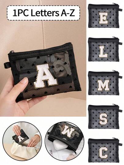 1个可爱心形透明网袋，迷你收纳袋 - 毛巾刺绣字母A-Z，便携式化妆包，多功能旅行便携包，口红护肤品收纳化妆袋，网状拉链袋，旅行化妆品整理收纳袋，网状洗漱包，包装收纳袋，简约高端，配件收纳，适合宿舍收纳、旅行、商务、游泳、居家收纳