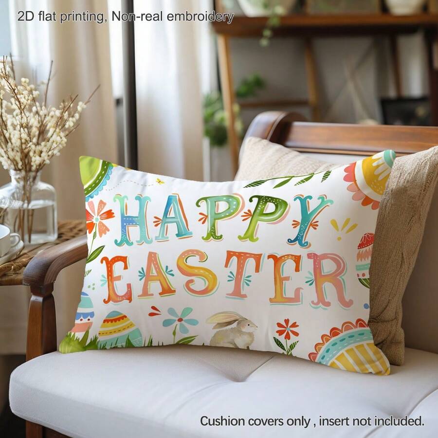 MEMNUN 1pc Easter Bunny & Egg Print Pillow Cover [No Pillow Insert], 11.81*19.71in(30*50cm)/15.75*23.62in(40*60cm), [Single-Sided Print] Easter Bunny Theme Colorful "Happy Easter" Quote Polyester Throw Pillow Case For Sofa, Bed, Living Room, Bedroom, Car, Office, Hotel Decor, Perfect Gift For Family And Friends, All Seasons - Multicolor - View 1