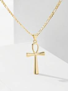 1pc Classic European & American Style Copper Inlaid Zirconia Cartoon Cross Pendant Necklace, Limited Edition "Light Of Guardian", Suitable For Christmas/Thanksgiving/Halloween/Mother's Day/Valentine's Day Gifts For Couples/Friends/Believers, Catholic First Communion, Everyday Wear And Prayer - Yellow Gold - View 3