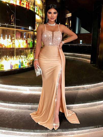 CHOSMO Prom Dress, High Waist Backless Spaghetti Strap Sequin Splice Long Dress With Side Slit And Satin Sash, Elegant Evening Gown For Prom, Christmas, Valentine's Day