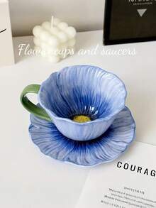 1 Set Floral Ceramic Coffee Cup & Saucer Set, Home/Cafe Latte Cup & Saucer Set, Afternoon Tea Cup, Gift - Multicolor - View 17