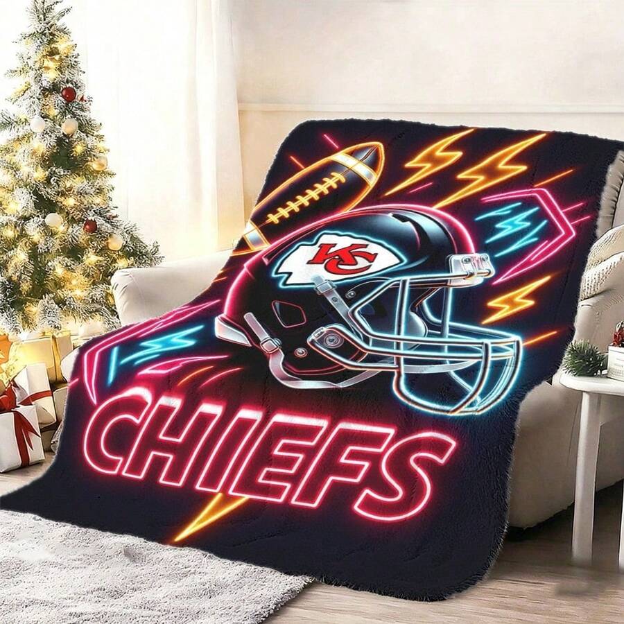 Blanket Neon Sports Pattern Blanket-Intricate Design Featuring A Football Helmet And Lightning Bolts, Perfect Gift For Holidays And Sports Fans Noon Nap Blanket, Siesta Blanket. Lunch Break Blanket, Outdoor Camping Travel Blanket, Durable Fabric, Artistic Design,  Versatile Accessory, Outdoor Enthusiasts, The Perfect Christmas Gift, New Year Gifts - Multicolor - View 1
