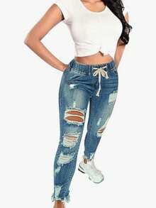 High Waist Drawstring Skinny Jeans Women Stretch Denim Elastic Waist Ripped Slim Fit Casual Pants Leggings Drawstring Waist Curve Hugging Ripped Waist Body Shaping Ripped Pants - Màu xanh hải quân - Xem 3